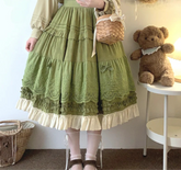 Women's embroidery lace floral bow ruffles long skirt with A-line silhouette.